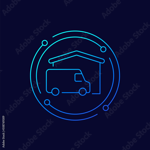 Home delivery icon with van and house, linear design