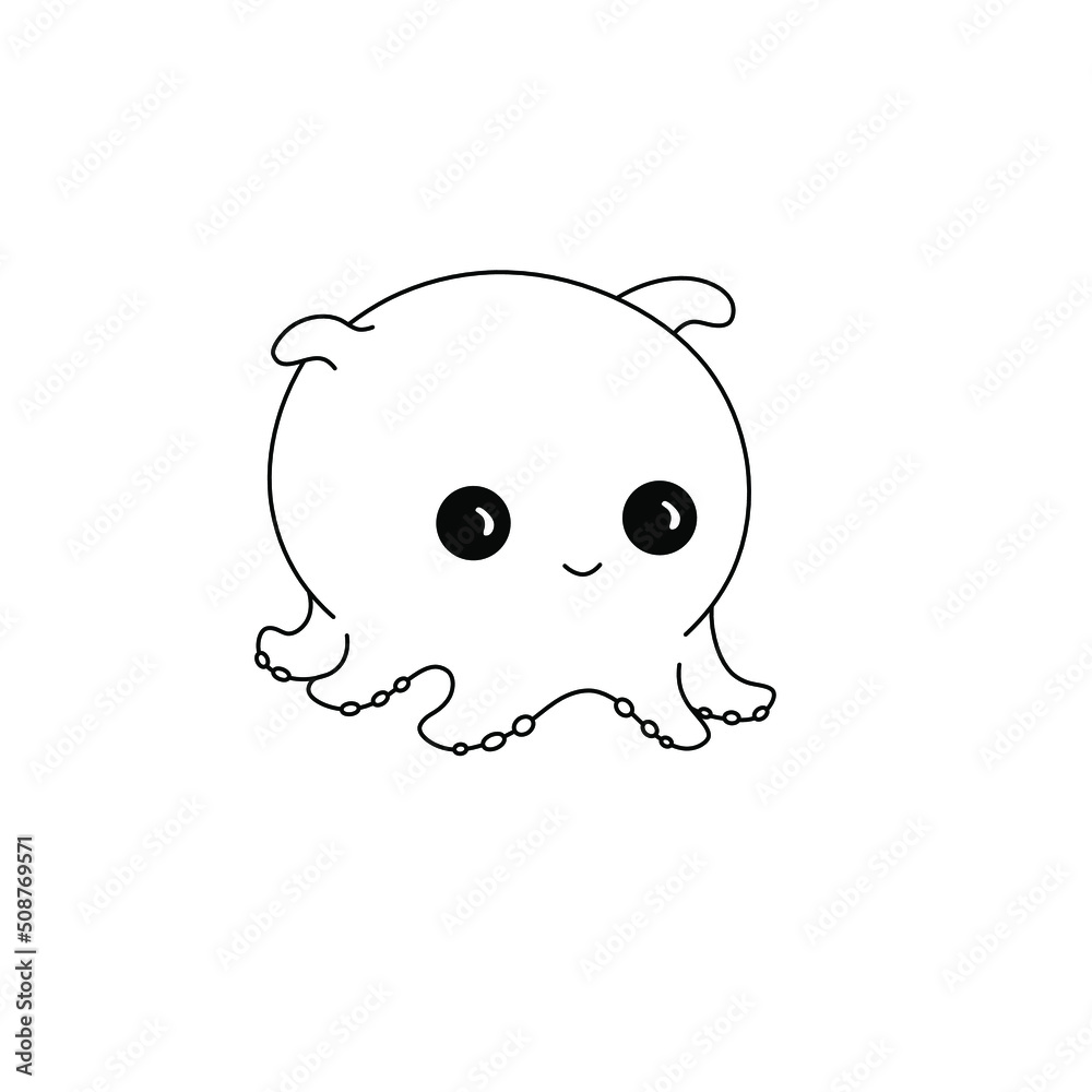 Vector isolated cute cartoon little baby octopus colorless black and ...