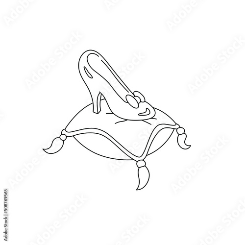 Vector isolated single cartoon shoe on a pillow colorless black and white contour line drawing