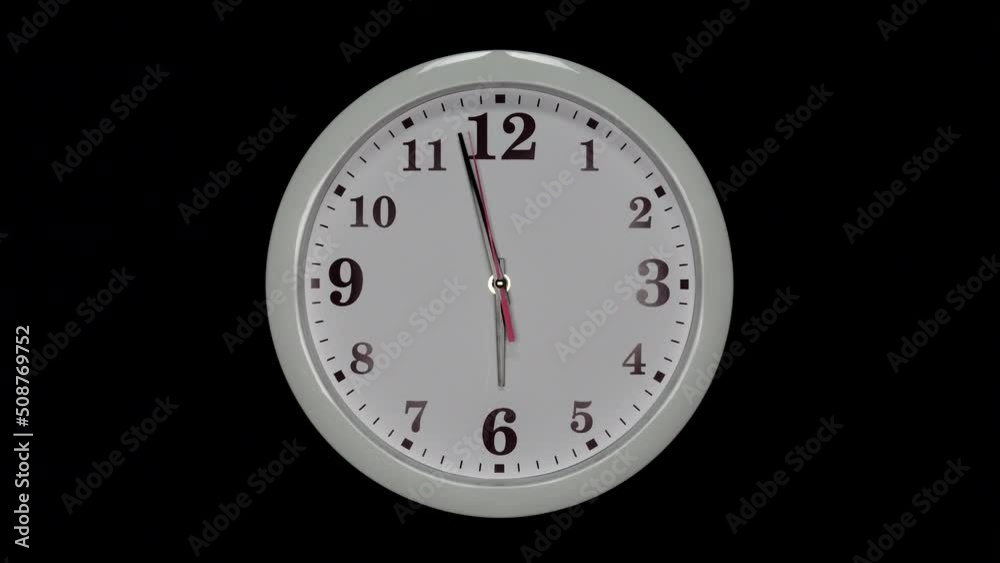 White Wall Clock With A Black Arrows And Red Second Hand On Black Background. Wall Clock Face Of Time Of 6.00 Am Or Pm. 4k. ProRes. White Wall Clock With A Black Arrows And Red Second Hand On Black Background. Wall Clock Face Of Time Of 6.00 Am Or Pm. 4k. ProRes.