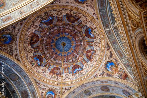ISTANBUL, TURKEY - January 2022: ceiling of Ceremonial Hall in Dolmabahce Palace photo