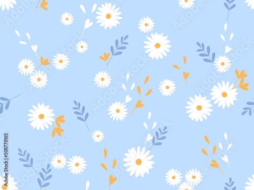Seamless pattern with daisy flower, branches, leaves on blue background vector. Cute spring floral print.