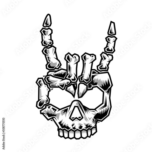 skeleton head rock hand line art vintage tattoo or print design vector illustratio.