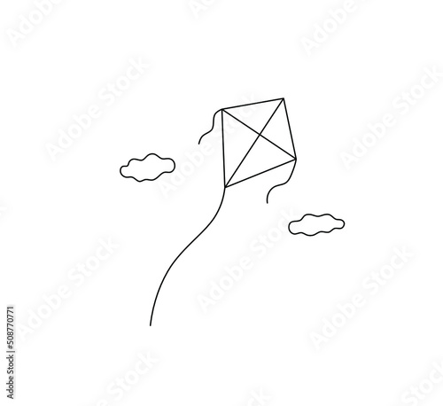Vector isolated rhombus kite flying  in the clouds colorless black and white contour line drawing