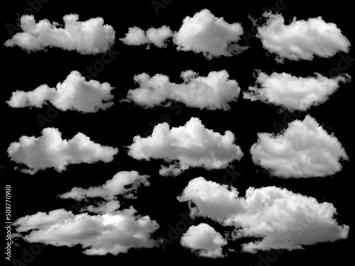 beautiful white clouds elements set, isolated on black background.