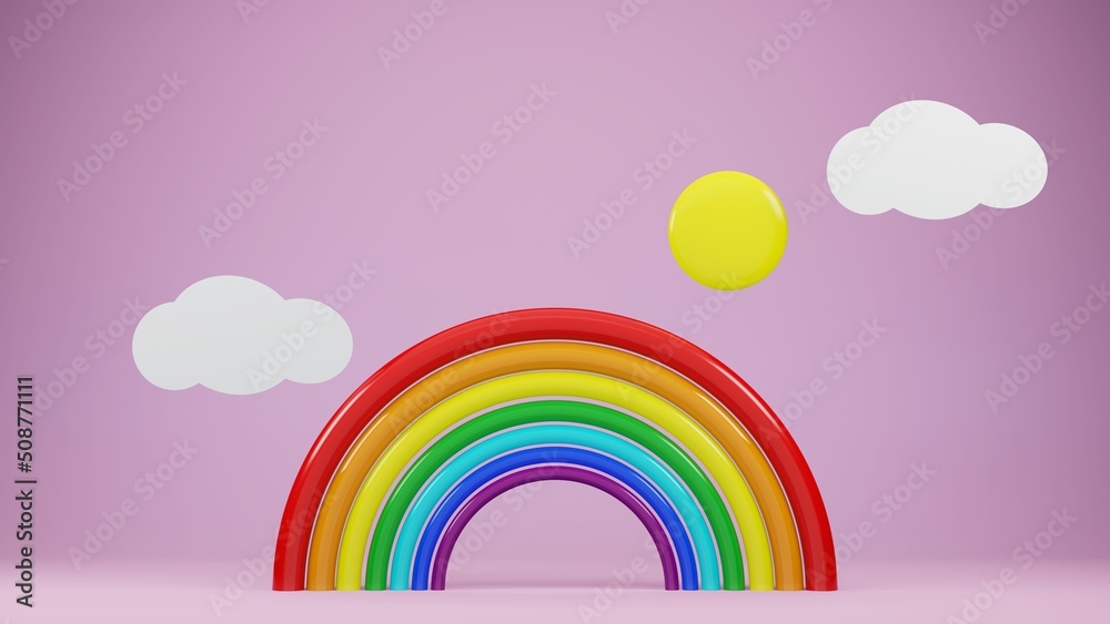 Obraz premium cartoon rainbow with sun and clouds, 3d render