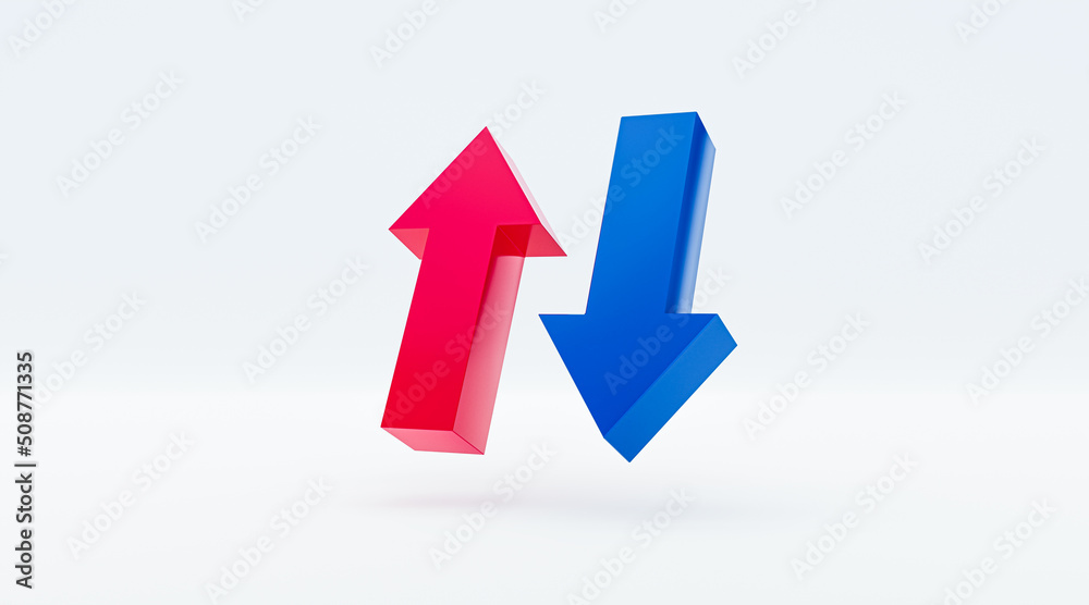 Arrows red and blue on white background analysis up and down 3d rendering creative concept Arrows red and blue on white background analysis up and down 3d rendering creative concept