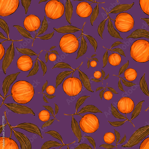 Creative seamless pattern with oranges. Oil paint effect. Bright summer print...