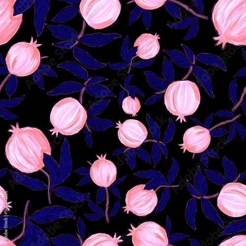 Creative seamless pattern with pomegranate. Oil paint effect. Bright summer p...