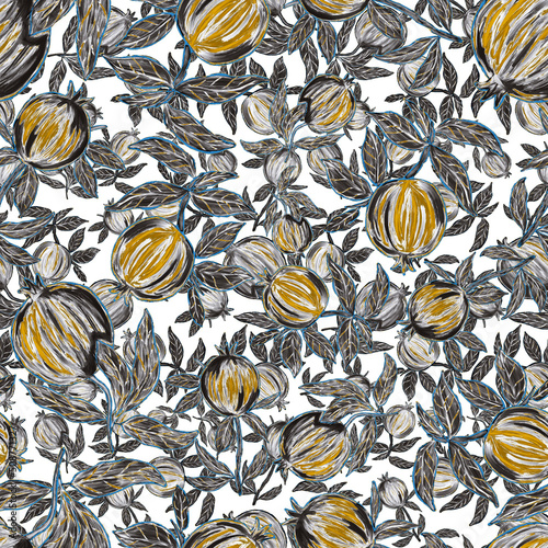 Creative seamless pattern with pomegranate. Oil paint effect. Bright summer p...