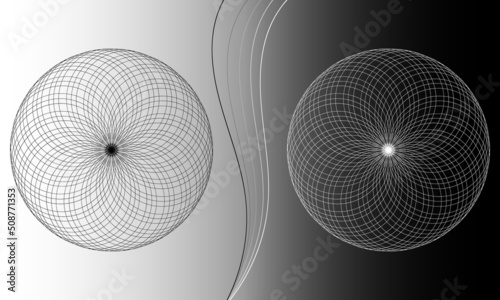 Black and white pattern with geometric flower circles. 3d vector illustration of yin-yang