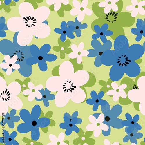 Seamless floral pattern based on traditional folk art ornaments. Colorful flowers on color background. Scandinavian style. Sweden nordic style. Vector illustration. Simple minimalistic pattern