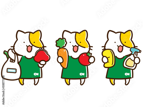 主婦の家事仕事をするかわいいねこの手書き風イラストセット