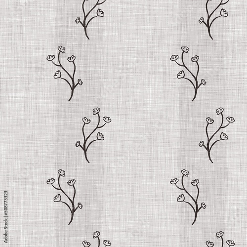 French grey botanical leaf linen seamless pattern with 2 tone country cottage style motif. Simple vintage rustic fabric textile effect. Primitive modern shabby chic kitchen cloth design.