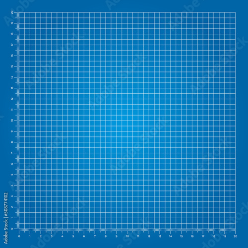 Vector illustration of corner rulers from 0 to 20 cm isolated on blue background. Blue plotting graph paper grid. Vertical and horizontal measuring scales. Millimeter graph paper grid template. 