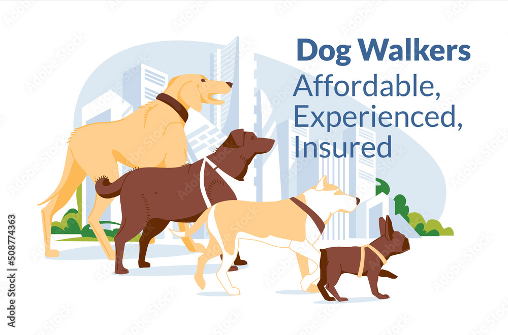 Different dogs on the background of the city scene are waiting for a walk. Dog walking service advertisement, flat vector illustration Different dogs on the background of the city scene are waiting for a walk. Dog walking service advertisement, flat vector illustration