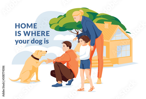 Family dog adoption scene. House against the background of a tree and the sky. Family with a new friend. Flat vector illustration