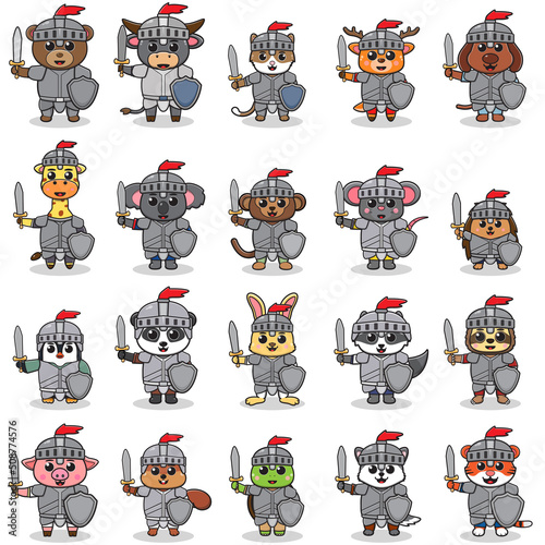 Vector illustrations of Animal characters in Knight costume. Vector illustration bundle. Flat Cartoon Style. Collection of funny Animal isolated on a white background.