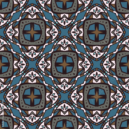 Seamless pattern with decor tile, mosaic oriental ornament. Vector illustration for designing posters, cards, prints, stickers, fabric, textile, gift paper, scrapbooking.