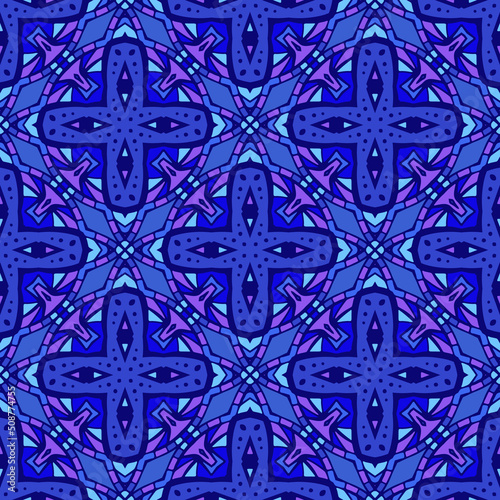 Seamless pattern with decor tile, mosaic oriental ornament. Vector illustration for designing posters, cards, prints, stickers, fabric, textile, gift paper, scrapbooking.