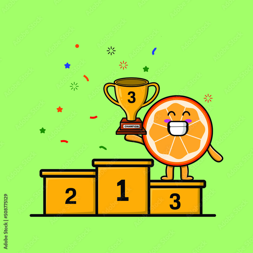 Fototapeta premium Cute cartoon orange fruit as the third winner with happy expression in 3d modern style design