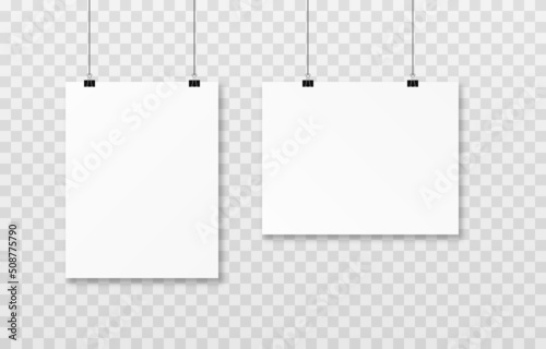 Vector layout of hanging posters PNG. Poster for advertising, blank template. White blank posters on isolated transparent background.