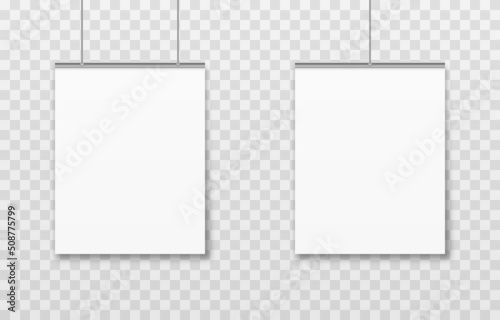 Vector layout of hanging posters PNG. Poster for advertising, blank template. White blank posters on isolated transparent background.