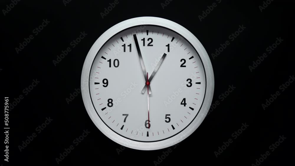 Grey Wall Clock With A Black Arrows And Red Second Hand On Black Background. Wall Clock Face Of Time Of 1.00 Am Or Pm. 4k. ProRes. Timelapse. Grey Wall Clock With A Black Arrows And Red Second Hand On Black Background. Wall Clock Face Of Time Of 1.00 Am Or Pm. 4k. ProRes. Timelapse.