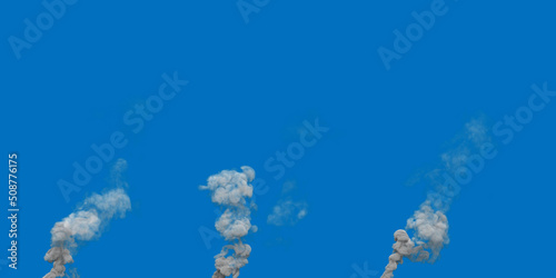 3 grey pollution smoke columns from coal power plant on blue, isolated - industrial 3D rendering