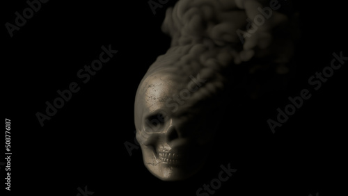 Grey smoking human skull on black backdrop - war concept, isolated - object 3D rendering