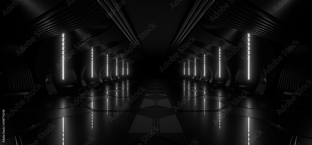 Fototapeta premium A dark tunnel lit by white neon lights. Reflections on the floor and walls. 3d rendering image.
