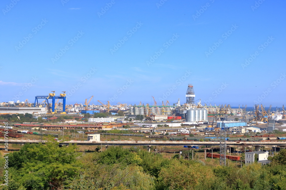 September 15 2021 - Constanta in Romania: Industrial port quay with heavy load gantry cranes, the largest on the Black Sea and the 18th largest in Europe