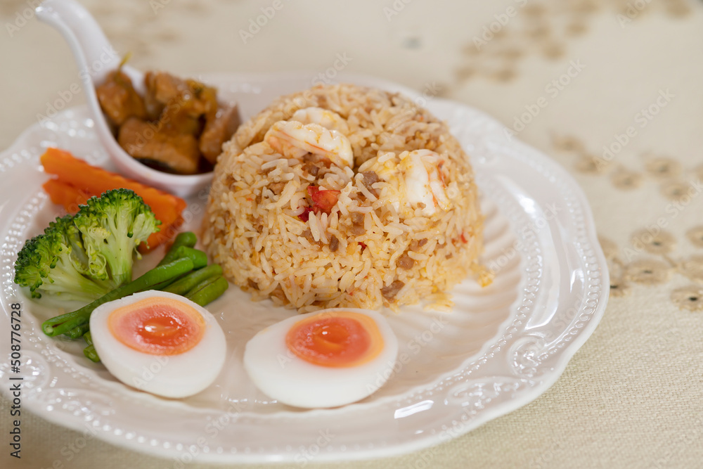 Fried rice with shrimp paste chili paste on food and drink concept