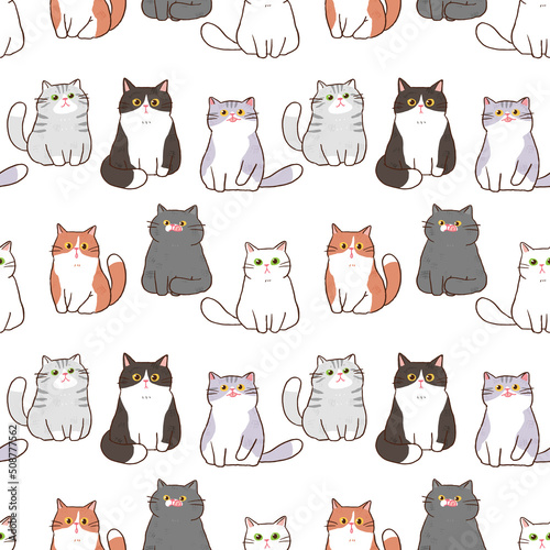 Seamless Pattern of Cute Cartoon Cat Characters on White Background