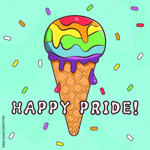 Rainbow ice cream with confetti isolated on blue background. LGBT banner. Happy Pride Month poster, postcard. Vibrant gay cartoon art and greeting text. Festive vector illustration