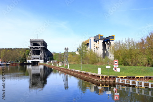 Old and new Niederfinow ship lift, Oder Havel Canal, Brandenburg, Germany photo