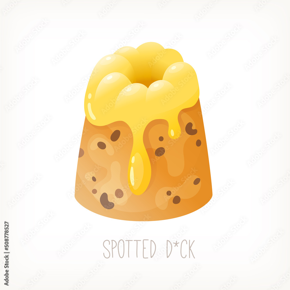 Spotted dick traditional British dessert. Steamed pudding with raisins