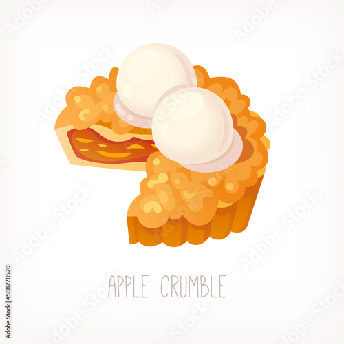 Traditional english apple crumble pie served with balls of ice cream. Isolated vector illustration.