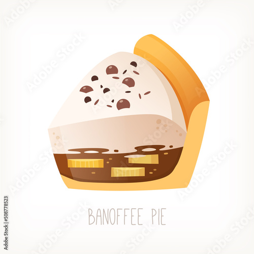 Piece of banofee pie traditional english dessert with biscuit bananas toffee and chocolate ships on top of whipped cream layer. Isolated vector image
