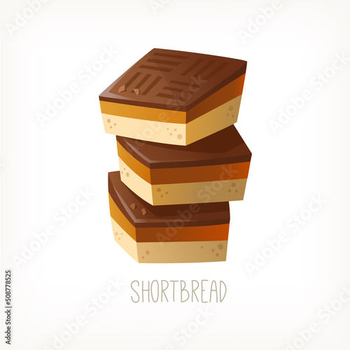 Stack of square chocolate caramel shortbread cookies. Traditional delicious British dessert for everyday lunch. Isolated vector image.