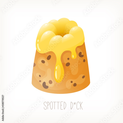 Spotted dick traditional British dessert. Steamed pudding with raisins covered with yellow custard. Delicious meal from English cuisine. Isolated vector image.