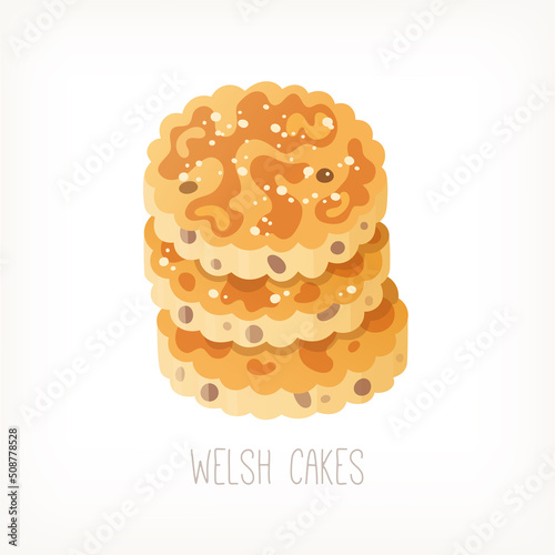 Stack of welsh cakes traditional pancakes or biscuits with raisins that remind scones served for breakfast with sugar butter and cream with tea or coffee. Isolated vector image 