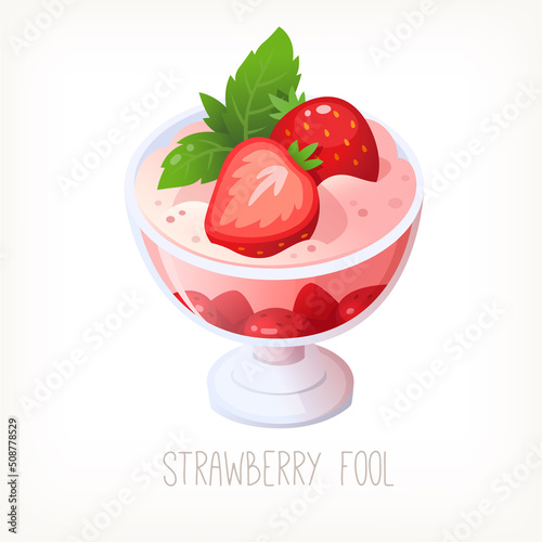 Strawberry fool traditional British light dessert. Delicious parfait made of strawberry and whipped cream.  Isolated vector illustration 