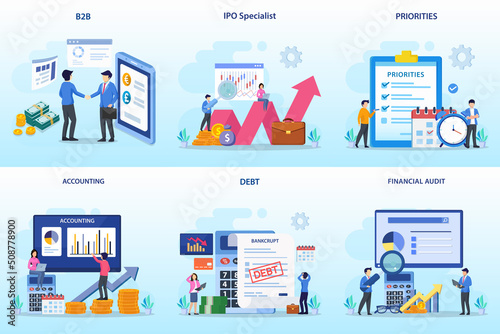 Set bundle Business concept. b2b, ipo specialist, priorities, accounting, debt, financial audit