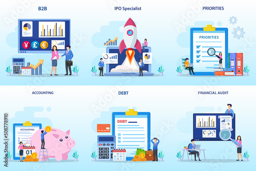 Set bundle Business concept. b2b, ipo specialist, priorities, accounting, debt, financial audit
