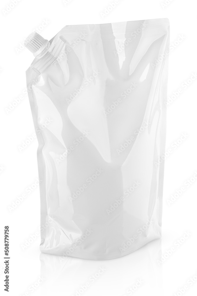 Blank glossy white doypack with cap or stand-up pouch isolated on white with clipping path Blank glossy white doypack with cap or stand-up pouch isolated on white with clipping path