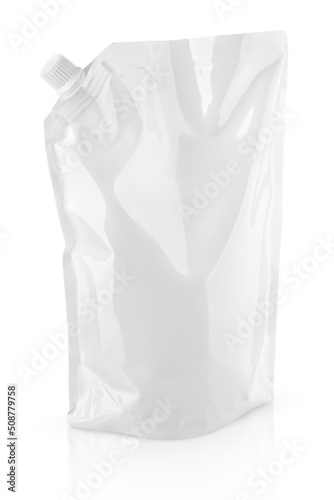 Blank glossy white doypack with cap or stand-up pouch isolated on white with clipping path