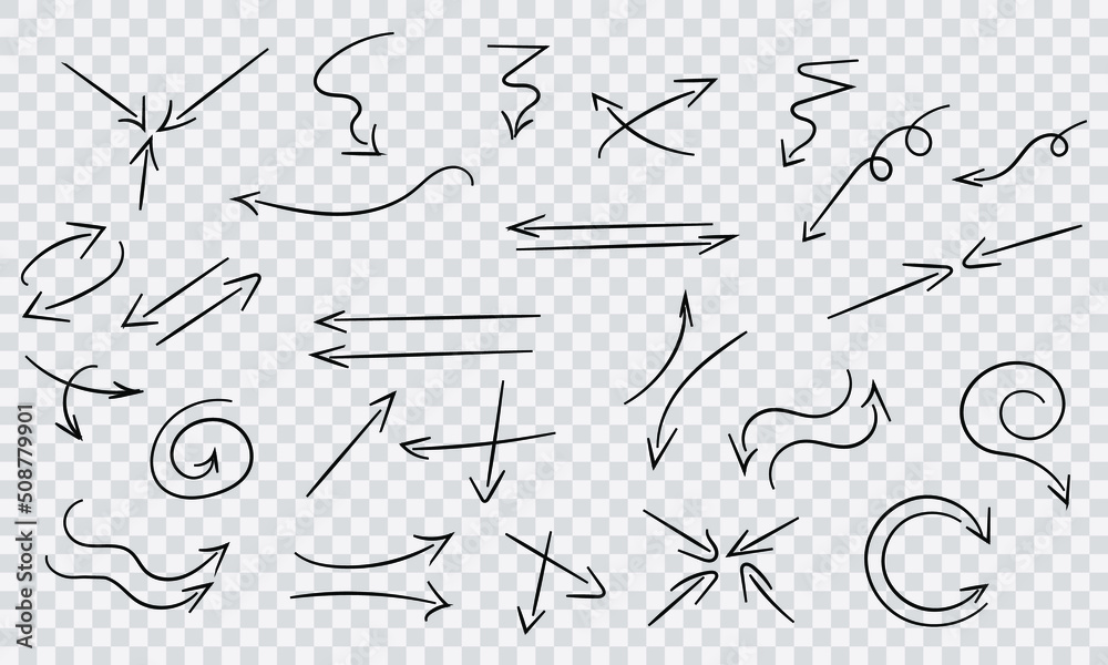 Hand drawn arrow icon set isolated on white background. Doodle Vector ...