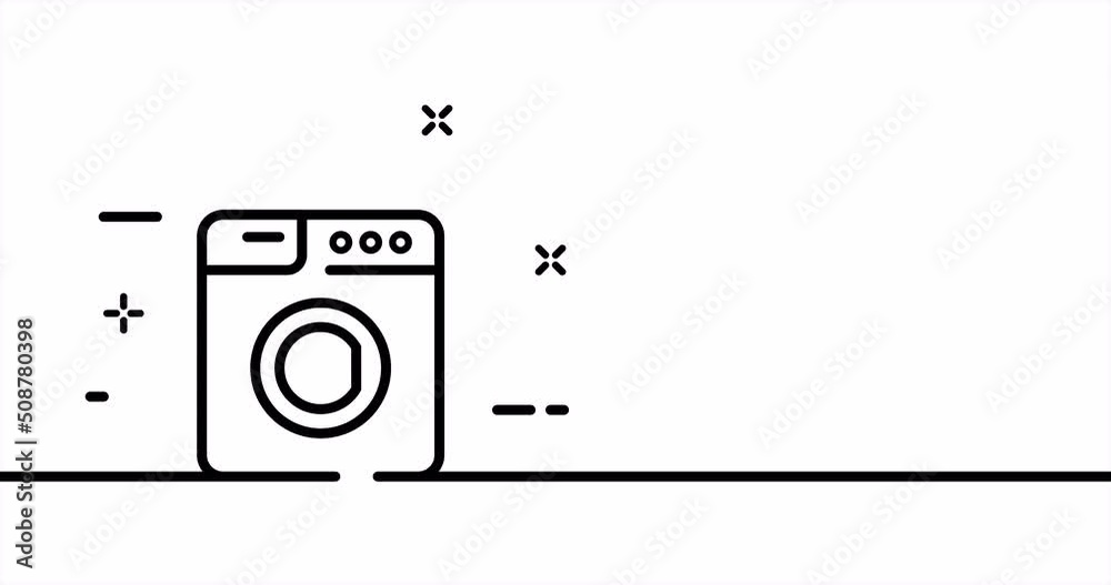 Single line drawing, solid line technique. One line drawing animation of laundry, washing machine and cleaning. Home appliances logo animated. Video 4K
