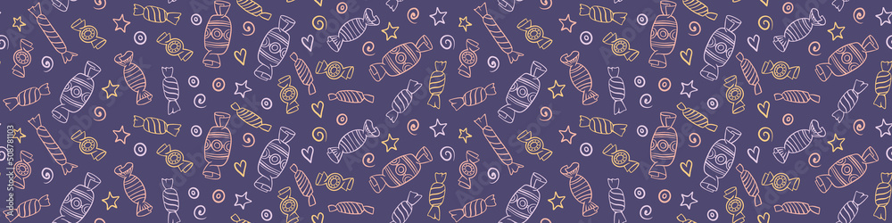 Seamless pattern with hand drawn sweets on dark background. Outline doodle candies in wrappers. Vector illustration.